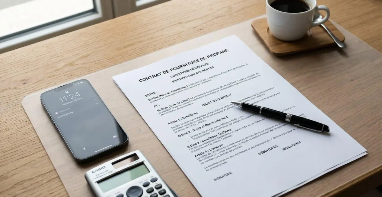 Document contractuel d'approvisionnement propane posé sur un bureau avec stylo et calculatrice, en cours d'analyse