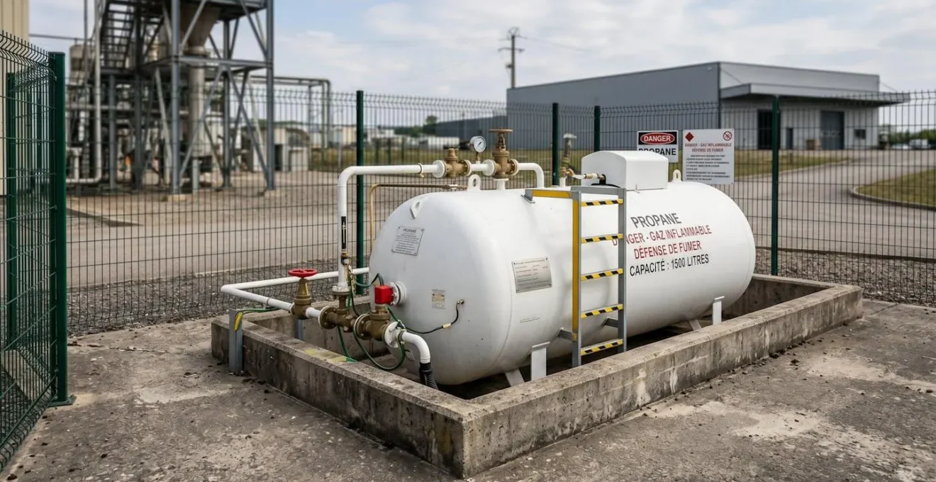 Installation de stockage de gaz propane professionnel avec citerne de grande capacité et équipements de sécurité dans un environnement industriel français