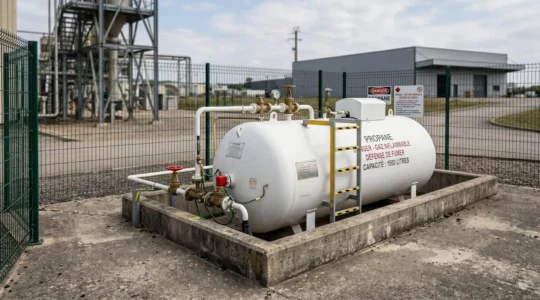 Installation de stockage de gaz propane professionnel avec citerne de grande capacité et équipements de sécurité dans un environnement industriel français