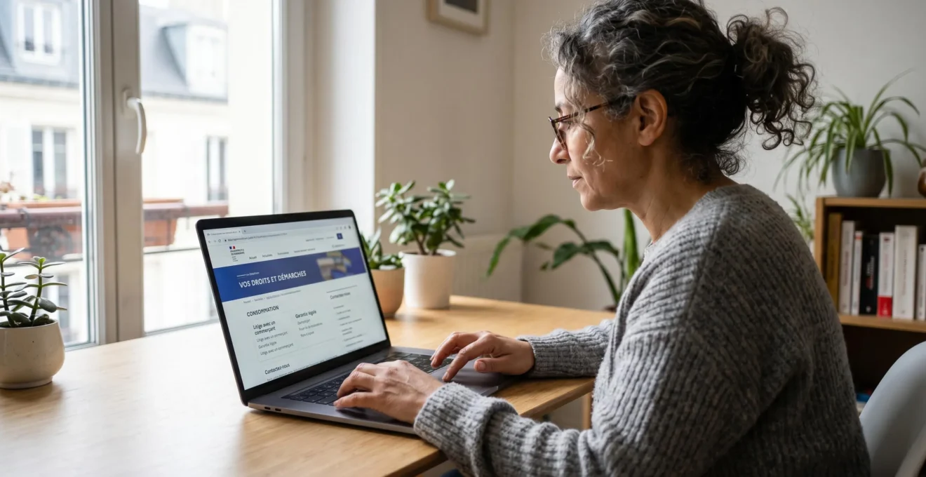 Personne consultant le site internet d'un organisme de médiation ou d'une association de consommateurs sur ordinateur portable