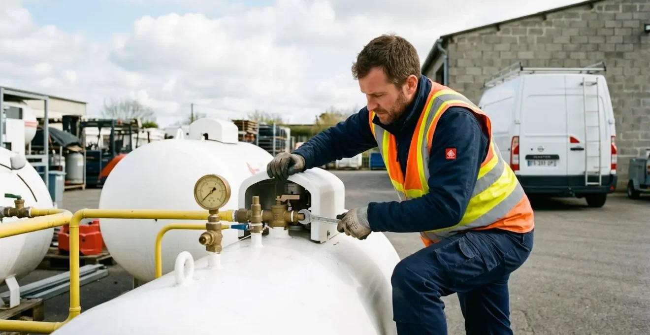 Technicien spécialisé effectuant un contrôle technique sur une installation de citerne de gaz propane en environnement professionnel