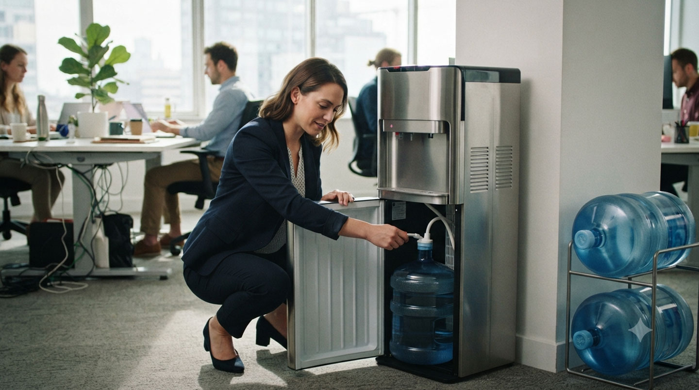Vue technique du système de chargement par le bas d'une fontaine professionnelle avec bonbonne 20L en cours d'installation