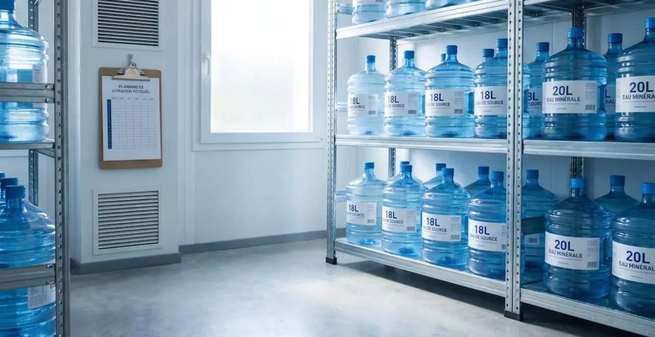 Zone de stockage organisée de bonbonnes d'eau 18-20L dans un local technique d'entreprise avec étiquetage et planning de livraison