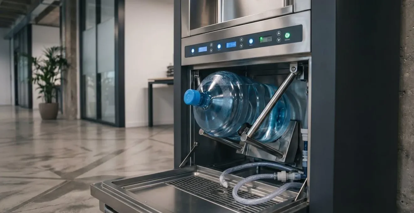 Vue technique du système de chargement par le bas d'une fontaine professionnelle avec bonbonne 20L en cours d'installation